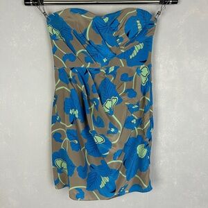 Tibi size 8 short dress strapless pleated 100% silk brown blue floral NEW